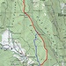Itinerari, variante in salita (rosso) rispetto alla mulattiera marcata (blu) che ho seguito per scendere