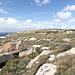 Unterwegs vom Wachturm (It-Torri tal-Ħamrija / Tal-Ħamrija Tower) in Richtung Ħaġar Qim - Ausblick vom "nature trail A" über die Hochfläche. Links ist die überdachte Tempelanlage Mnajdra zu sehen.
