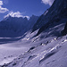 Blick über den Argentière-Gletscher nach Osten, in Richtung Talabschluss. Der markante Gipfel in der linken Bildhälfte ist der Mont Dolent (3823m), der das Dreiländereck zwischen Frankreich, Italien und der Schweiz markiert.