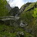 Am Aufstieg nach Orsalia - hier sieht man die rechts zwei Felsbänder hochlaufend. Auf dem unteren (von den Lärchen verdeckt) ist der Weg