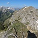Mit Enzianen dekorierter Blick hinüber zum Feigenkopf; dessen höchster Punkt ist der "vorderste Spitz" des langgestreckten Gipfelkammes.