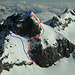 Blau: 'Dettlingroute'
Rot: 'Mattioliroute'.
Ich benutze blau für den Aufstieg und rot für die Skiabfahrt.

Aufgenommen vom Schärhorn bei meinem letzten Versuch 23.03.2010
