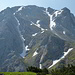 Die Hippenspitze mit Anstiegflanke, den begrünten Rücken hinauf, dann rechts vom Schneefeld über steile Schrofen zum Grat. Der Gipfel verbirgt sich hinter dem steilen Zacken rechts.