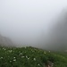 Die Aufstiegsrinne, die auf den Vorgipfel führt, von oben gesehen. Auf diesem [http://www.hikr.org/gallery/photo1142007.html?post_id=66818#1 Bild] ist die Rinne ohne Nebel zu sehen.