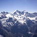 Die Gipfel der Mischabelgruppe vom Brunegghorn: Dirruhorn (4035m), Hohbärghorn (4219m), Nadelhorn (4327m), Lenzspitze (4294m), Dom (4545m), Täschhorn (4490m) und Alphubel (4206m).