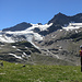 Abstieg zur Wiesbadner Hütte, über den Rest des Tiroler Gletschers. Blick auf Ochsentaler Gletscher und Silvrettahorn.