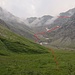 etwas oberhalb der Martinsmadhütte - hier trennen sich die Wege direkt zum Glarner Vorab und zum Grischsattel (rot die Route zum Grischsattel)