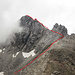 Blick vom Gipfel der Flexenspitze zur Grubenjochspitze. Ungefähre Route eingezeichnet