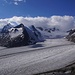 Links ist der Grosse Aletschfirn woher wir kamen. In der Mitte fliesst der Jungfraufirn vom Joch runter und rechts ist der Abbruch gerade noch zu erkennen, der vom Ewigschneefäld entsteht. 