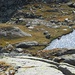 Un laghetto sopra il passo. Sebbene mimetizzata (come la sua natura di preda richiede), in primo piano a destra si vede una bella marmotta.