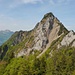Hochflue 1692m, die Aufstiegsroute auf dem blau-weiss markierten Weg folgt dem Grat (rechter Bildrand) zum Schneefeld (rechts unterhalb des Gipfels) und über eine Steilstufe zum Kamin durch dass der Gipfelgrat erreicht wird.