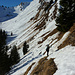 Wie gesagt, die steilen Grashänge, die über der Schlucht zu queren sind, erlauben im Hochwinter nur selten ein Betreten des Sattels. Die Grundlawinen der vergangenen Tage sprechen eine deutliche Sprache.