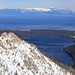 Looking down to Fallen Leaf Lake and Lake Tahoe
The snowy mountains on the horizon are those of the Mount Rose Wilderness in Nevada