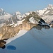 Herrliche Aussicht von der Furggji-Scharte und vom nahen Mettelhorngipfel :  Matterhorn, Obergabelhorn, Zinalrothorn und Weisshorn (nicht alle auf diesem Foto sichtbar).