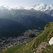 Zermatt, dahinter Monte Rosa, Lyskamm, Castor, Pollux und Breithorn