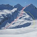 Am Vortag im Aufstieg zum Bödengrat – Aufstiegsroute (rot) und Abfahrtsroute (gelb) am Gletscherhorn 