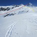 Am W-Rand von Masügg, auf der Suche nach Pulverschnee - Aufstiegsroute (rot) und Abfahrtsroute (gelb) am Gletscherhorn 