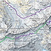 Traccia indicativa relativa alla zona topica del giro odierno. In viola i tratti di salita, in verde quelli di discesa. 