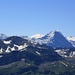 Aussicht vom Arnihaaggen (2212m) zu den hohen Bergen: Hinter Fiescherhorn (4025m), Gross Fiescherhorn (4048,8m), Trugberg (3932,9m), Eiger (3970m), Mönch (4107m) und Jungfrau (4158,2m).