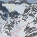 Bächlisboden – Aufstieg zur Bächlitalhütte (rot) und Aufstieg am nächsten Tag zur Obri Bächlilicken (gelb)