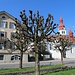 Buttisholz: das traditionsreiche Restaurant Hirschen und die Pfarrkirche St. Verena mit der Kapelle.