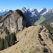 Abstieg nach Süden mit Blick in den Alpstein - im Vordergrund der brüchige Wännelichöpf über der namenlosen Scharte. Nach links geht es via Alp Rohr ins Rheintal, nach rechts hinunter zum Sämtiser See.