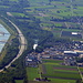 Rhein, Autobahn und der Güterbahnhof Buchs aus der Vogelperspektive