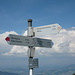 wo der Wegweiser als Standort den Firstgrat ausweist und für die folgende Etappe von Bergweg "rot" auf alpiner Steig "blau" umschaltet