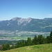 Aussicht von der Grasflanke im Aufstieg: Rheintal mit Liechtenstein