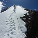 Der Abstieg erfolgt über eine steile Firnflanke/Firngrat von ca. 35°. Hier haben wir dann aber auch Steigeisen an.