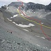 Aufstiegsroute (rot) und Abstiegsroute (gelb) am Piz Segnas