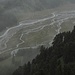 Vue plongeante sur le Val Roseg et ses multiples torrents
