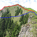 Rot = kurze, ausgesetzte Kraxelroute<br />Blau = offizielle Route. 