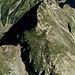 ....la cengetta vista su Google Earth. In alto le cime del Torrione Rosso.