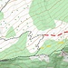 Route(n) Planggenstock<br />gelb: nicht mehr vorhandene Spur auf der Rippe<br />rot. mein Direkt-Anstieg durchs Kraut