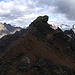 Gipfelpanorama, im Zentrum der nur wenig höhere Mittelgipfer der Fergenhörner, dahinter die Gletscher der Silvretta