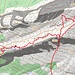 GPS-Track: Beim Aufstieg hat das GPS bis weit hinauf keine Satelliten gefunden und darum die Position wild geraten (roter Strich von unten)