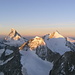 Sonnenaufgang auf 4000m, Matterhorn, Wellenkuppe und Obergabelhorn