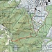 Karte: Der Ausgangspunkt für den Alter-Üetliberg-Pfad befindet sich an der Jucheggstrasse zwischen dem Sarbentalbach im Norden und dem Mädikerbodenbach im Süden (die Namen der beiden Bäche finden sich nicht auf der Landeskarte). Der Ausgangspunkt kann auf verschiedenen Wegen vom Albisgüetli und vom Strassenverkehrsamt aus erreicht werden (gepunktete Linien). Die Route endet oben an der Gratstrasse - im alten Üetliberg: dort, wo sich früher die Skisprungschanze befand und wo heute eine kleine Gedenktafel an Ernst Berger erinnert.