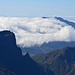 Hinter den Wolken dei Vulkane der Cumbre Vieja, unter den Wolken El Paso und davor die südlichen Randberge der Caldera de Taburiente