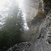 mystischer Nebel, der Weg entlang der Felsen