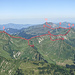 3. 7. 2015: Vom Widderstein aus sieht man die gesamte Tour recht nett. Hier die Route mit allen 10 Gipfeln. Aufstieg auf Gipfel Nr. 1 (Üntschen) ist verdeckt; und die Abfahrt von Nr. 10 (Didi) ist nicht eingezeichnet.<br /><br />Leider war es sehr dunstig...