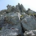 .. steigt unter den Felsen im Vordergrund nach rechts, dann auf halber Höhe in der Bildmitte von rechts zurück und links haltend auf das Gipfelplateau (T5-).