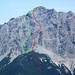 Via Meraldi in verde (con variante in uscita in viola), via Pedrini, seguita da me, in rosso, crocetta al Passo Pedranzini