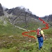 Nach dem [p Pt. 203m] verlassen wir den guten Bergweg (T2) und folgen dem Bach Allt na Dunaiche ueber undeutliche Graspfade und Geroell (T3) bis zum [pass79356 Saddle Choire a'Caise].<br />