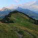 Aussicht unterhalb vom Regitzer Spitz über die Weide Hinter Ochsenberg zum nördlichsten Gipfel des Fläscherberges, dem Guschaspitz (1104m). Dahinter stehen der Gonzen (1830m) und die Gauschla (2310,4m).