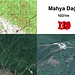 Gutes Kartenmaterial vom 1031m hohen Mahya Dağı ist kaum zu bekommen. Ich habe die beste gefundene Karte (1:100000; links Oben) und dazu ein Satellitenbild (links Unten) und eine Bild der Gipfelregion von Google-Earth (rechts Unten) zusammendefügt. Das gepflasterte Strässchen ist auf der Karte rot eingezeichnet, man sieht es auch gut auf dem Satellitenbild.