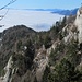 im Schlussaufstieg: Blick über die Gfellerhütte, den Sendemast bei Nesselboden und das Nebelmeer zum Chasseral