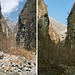 Der Bergsturz veränderte das Valle di Nibbio nachhaltig: Blick von fast demselben Standort am 26. Februar 2005 (links) und am 14. Dezember 2005 (rechts).