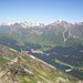 Looking down from the summit of Piz d'Arbeola. The tiny Pass di Passit lakes are visible on the left, San Bernardino (our starting point) is in the middle. On the far right is the towering Piz Tambò.